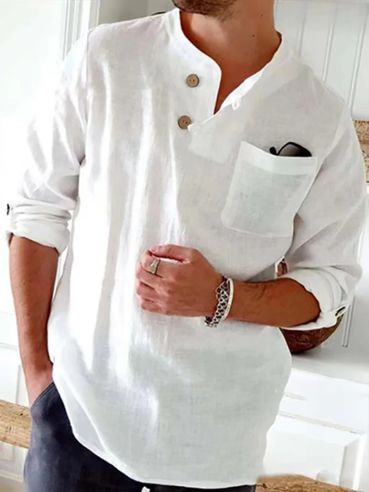 

Loose Long Sleeve Streetwear Pullover Solid Cotton Linen Vacation Beach Shirt Tops New Male Buttoned Clothes Basic Tee T-shirts