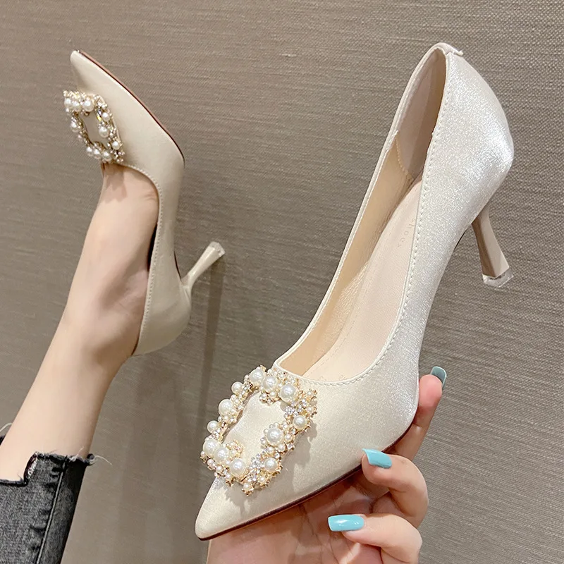 

7cm New Fashion Satin Pumps Pointed Toe Rhinestone Sexy High Heels Party for Women Shoes 39 40