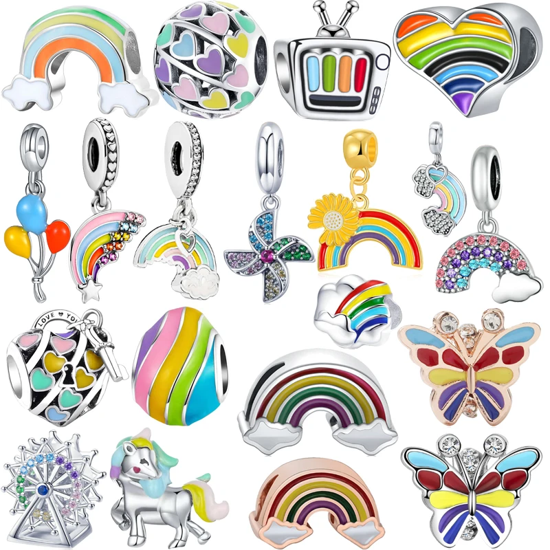 Newest Colorful Rainbow Butterfly Balloon Cute Bead Pendant Fit Original Pandora Charms Silver Color Bracelets DIY Women Jewelry