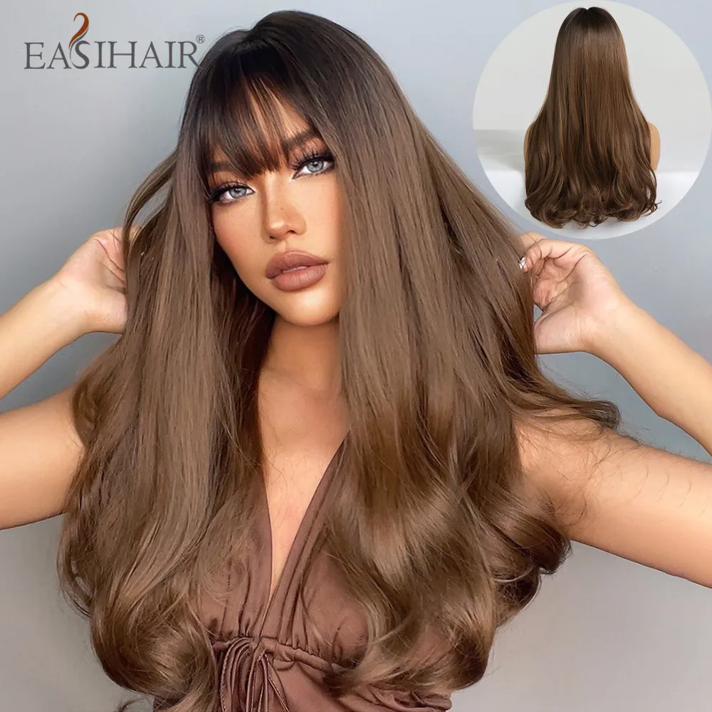 

EASIHAIR Long Wavy Synthetic Wigs with Bang Chestnut Brown Women's Wig for Daily Party Cosplay Heat Resistant Fiber Women Hair