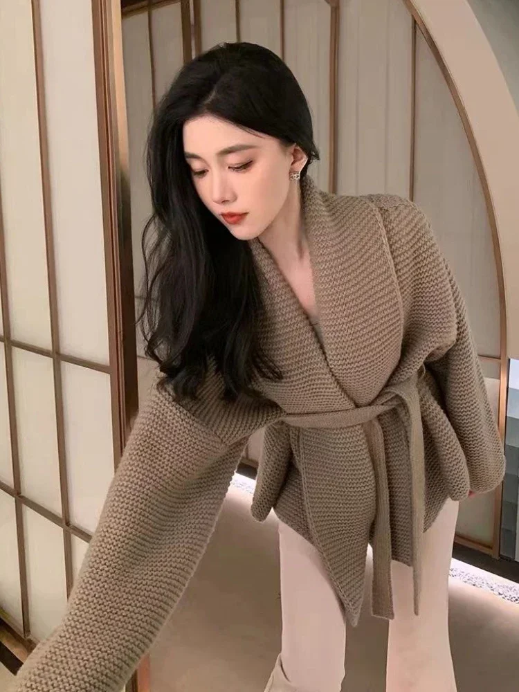 

Deeptown Y2K Elegant Solid Knitted Cardigan Women Vintage Oversized Sweater Office Lady V-neck Casual Top Korean Old Money Style