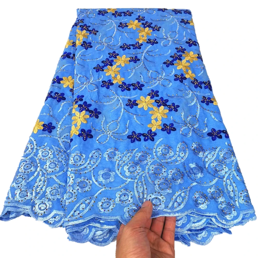 

Latest Blue Fashion Swiss Voile Lace Fabric With Many Stones 5 Yards For Wedding Sewing