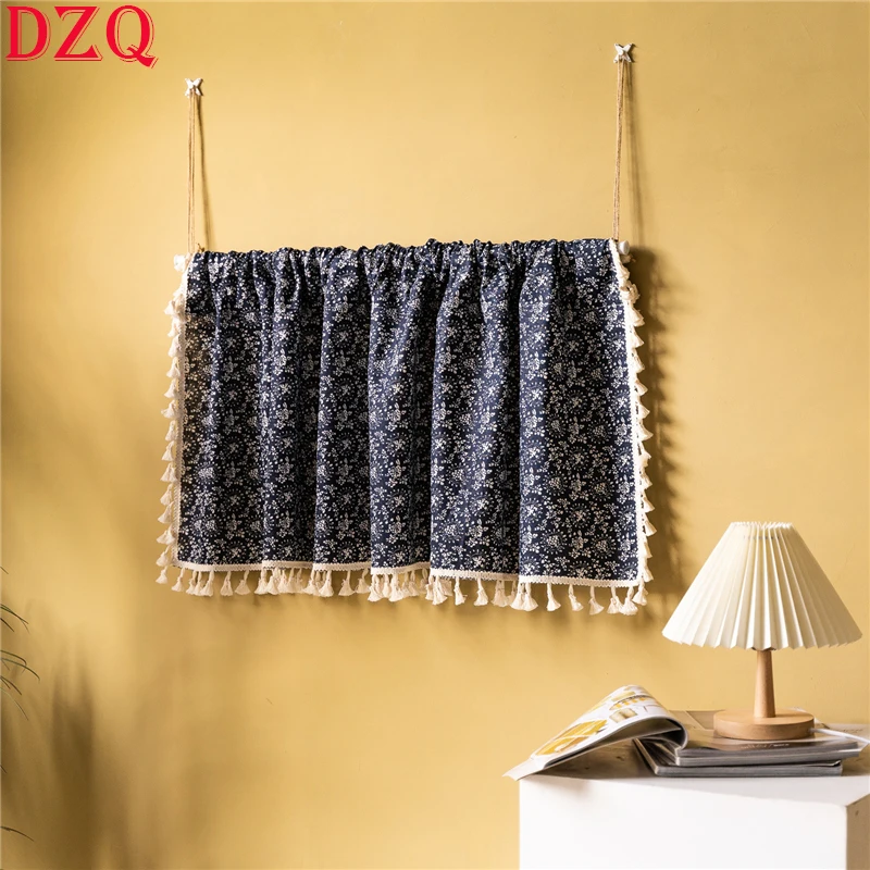 

Korea Blue Fringed Floral Linen Short Curtains Japanese Rural Flowers Printed Half Curtain Cloth for Kitchen Window Valance#A025