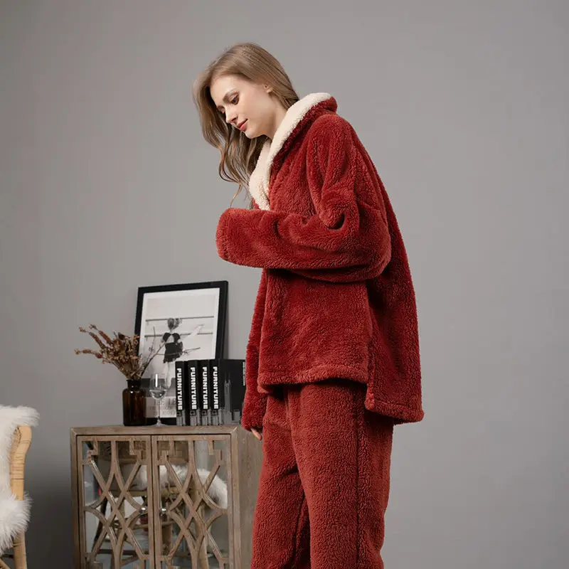 Winter Women's Flannel Pajama Suit Warm Thickening Oversize Korean Fashion Sleep Top Loose Plush for Warmth