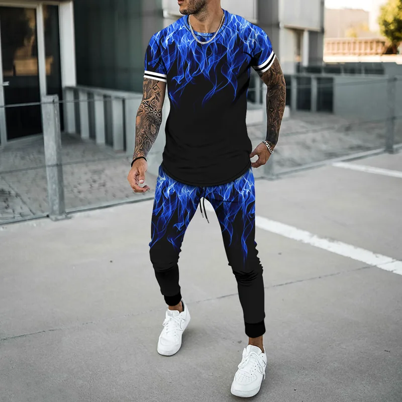 3D Flame Printed Men's T Shirt Set Summer O Neck Short Sleeve Tracksuit Black Casual Sportswear Fashion Streetwear Suit Loose