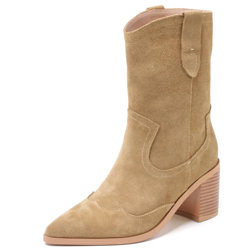 

Dilalula Thick High Heels Fashion Women Mid-Calf Boots Concise Cow Suede Leather Shoes Woman 2023 Autumn Winter Office Casual