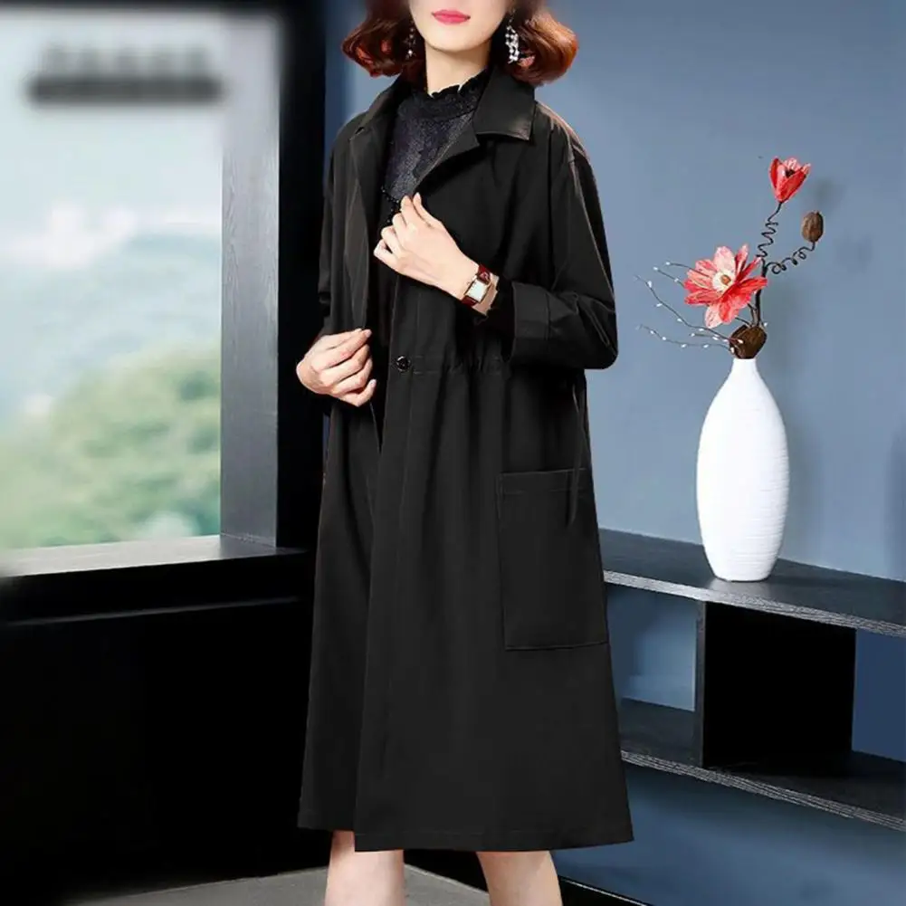 

Women Fall Winter Coat Turn-down Collar Single Button Solid Color Loose Patch Pocket Smooth Cardigan Knee Length Trench Coat