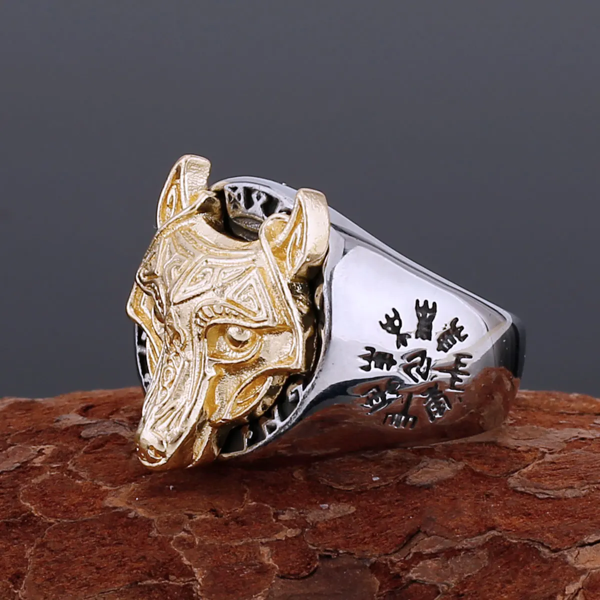 Викинг креативный дизайн золотого цвета кольцо с рунической головой волка