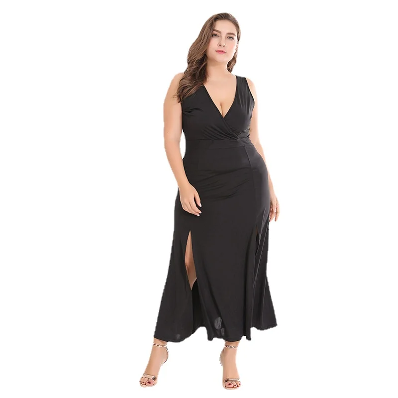 

Summer Evening Party Dresses Plus Size Women Fashion Elegant Black Knit Sleeveless Slit Sexy V-Neck Dress Tall Waist Long Skirt