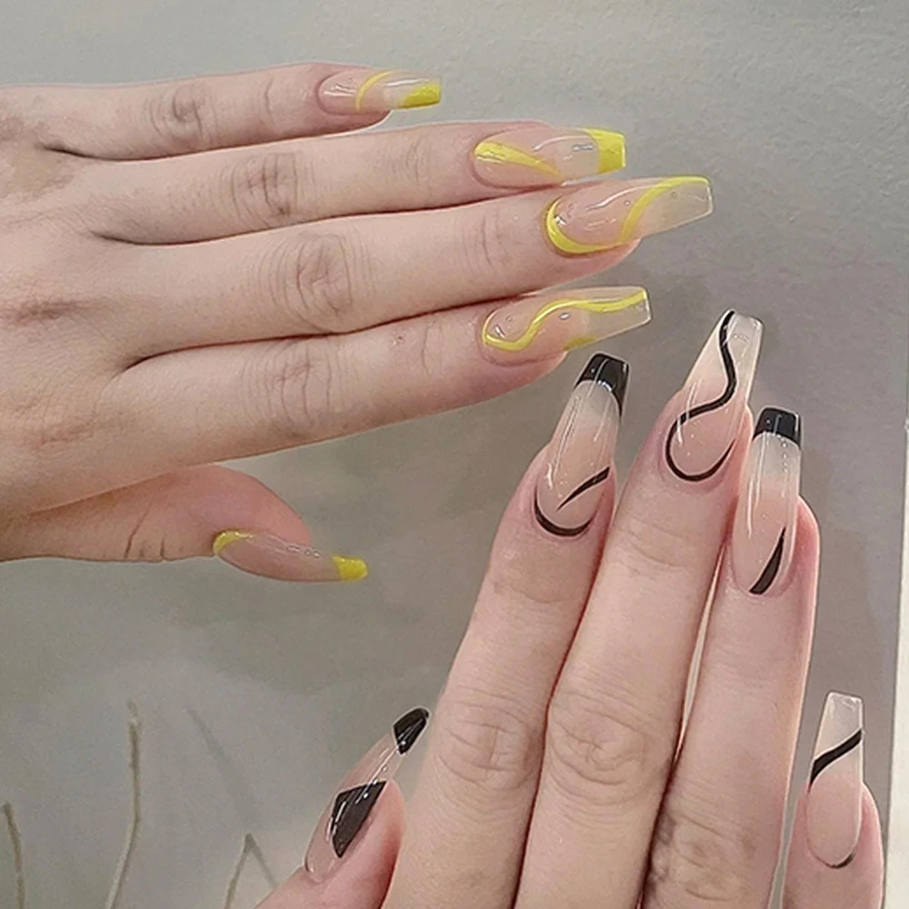 

24Pcs Glossy False Nails Yellow Black Waves Long Fake Nails for Women and Girls Fake Nail Patch Press-on Nails NOV99