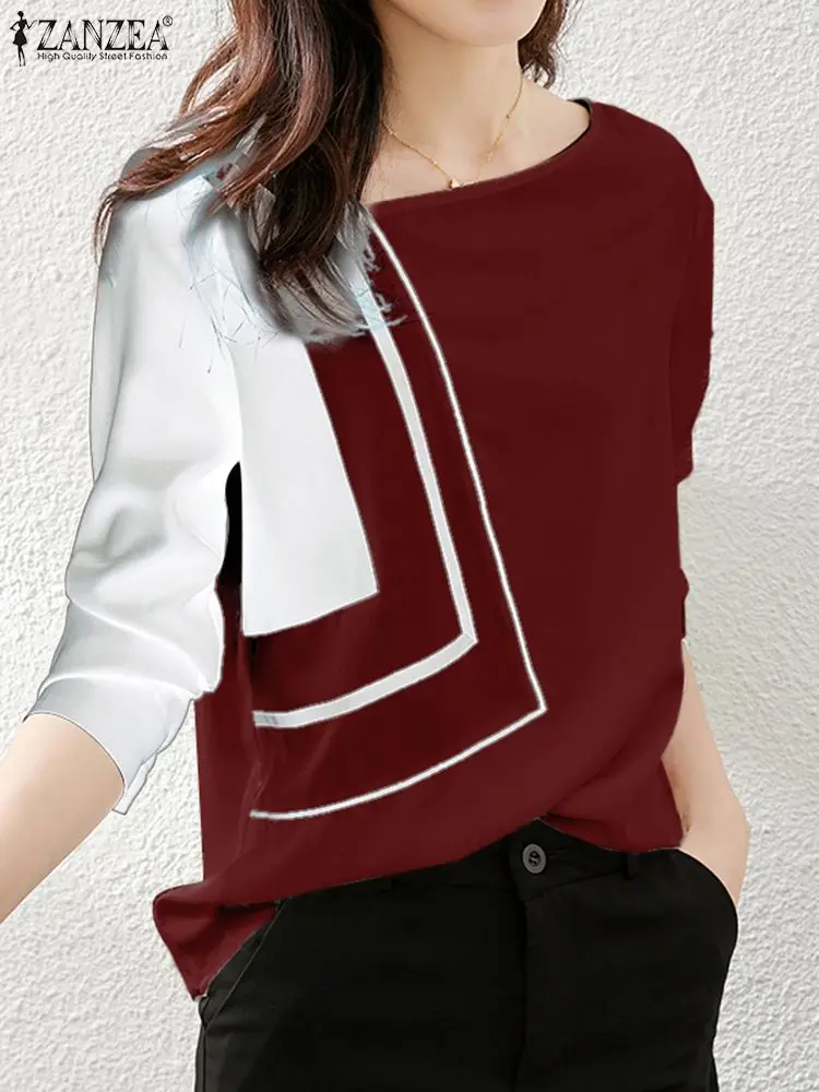 

ZANZEA 2022 Stylish Patchwork Tops Women Spring Blouses Casual Long Sleeve Blusas Female O Neck Tunic Chemise Top Oversized