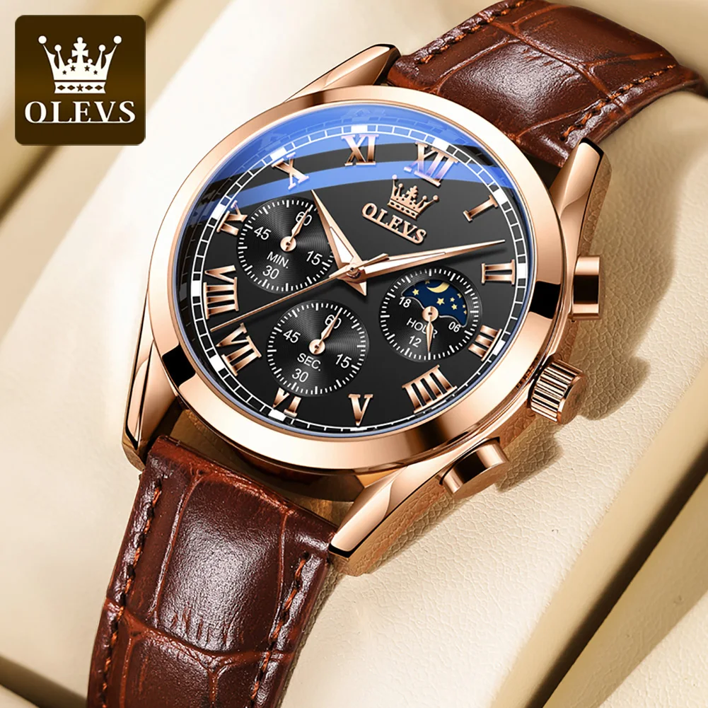 

OLEVS Luxury Men's Watches Waterproof Leather Strap Multifunction Quartz Wristwatch Moon Phase Luminous Sports Leisure Fashion