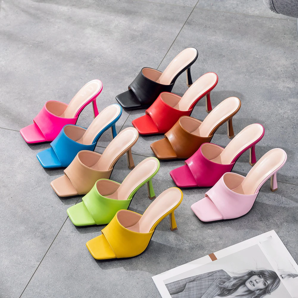 

Women Square Open Toe Heeled Mule Sandals Slip On Stiletto Mules Heels Sexy Dress High Heel Slippers Slides Flip Flops for Women