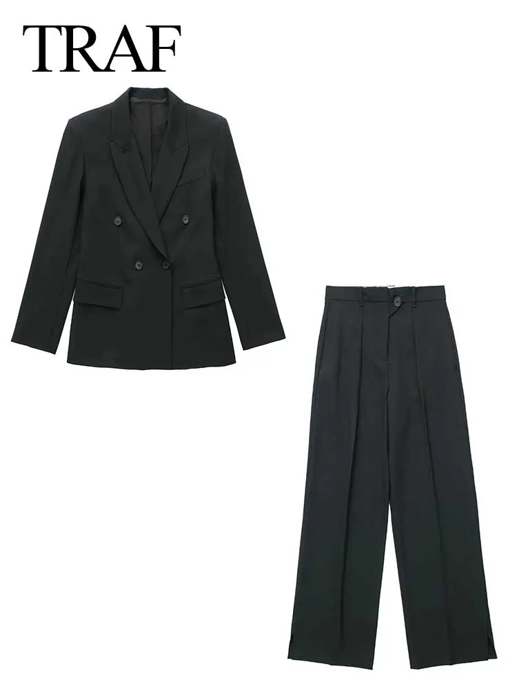

TRAF Women's Business Suit Double-breasted Simple Solid Color Suit Jacket + Trousers Wide-leg Pants 2-piece Set Casual Street