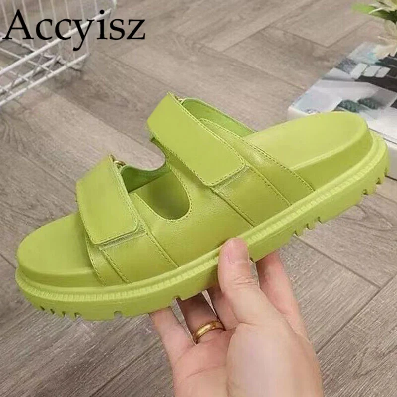 

Real Leather Slippers Women Flat Slides Summer Casual Thick Soled Sandal Outdoor Vacation Beach Sandalias Solid Color Lazy Mules