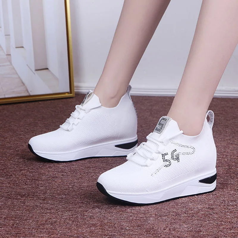 Highheels 5cm Black White Pink Shoes for Girls Wedge Breathable Zapatillas Sneakers Female Lace Up Sport Shoes 2022 Women Loafer