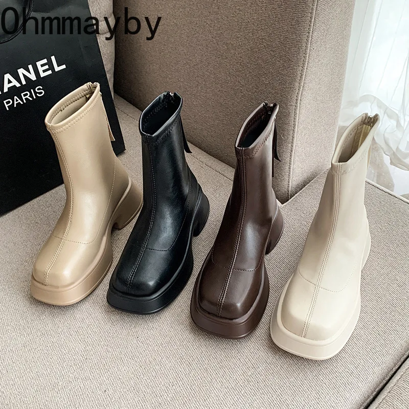 

Platform Ankle Boots For Women 2022 Square Toe Elegant Short Boots Zippers Soft Leather Lady Office Fashion Autumn Winter Shoes