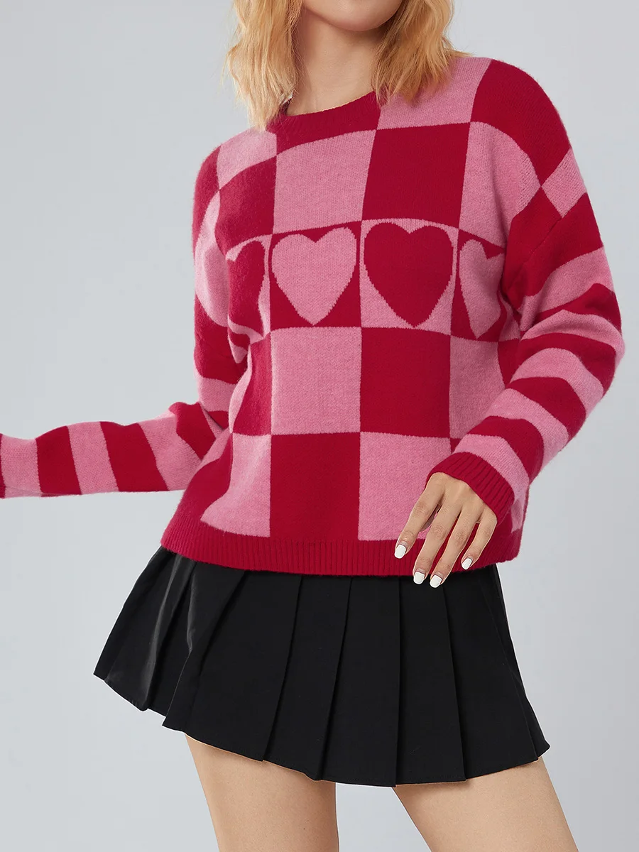 

Women Knitting Tops Long Sleeve Round Neck Checkerboard Pattern Casual Party Street Fall Spring Sweater Tops
