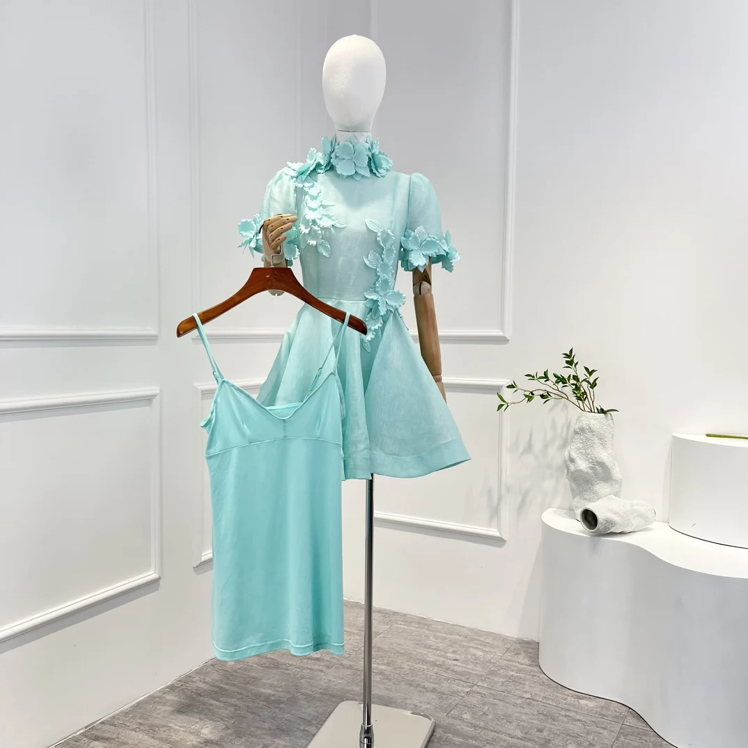 

2023 New Women Short Sleeve Stand Collar Appliques Print Dress