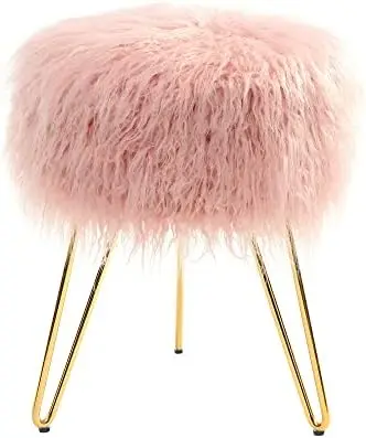 

COMFORTLAND Pink Faux Fur Vanity Stool, Small Fluffy Vanity Seat, Round Fuzzy Makeup Chair, Furry Ottoman Foot Stool for Dressin