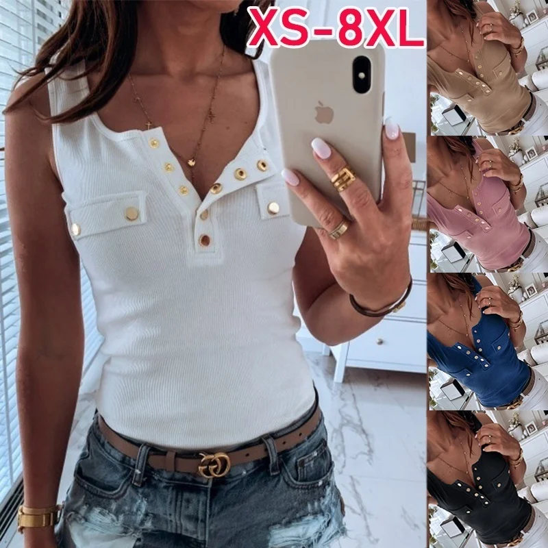 

2022 Casual Vest Blouse Ladies Fashion S-5XL Tank Tops Summer Women's Fashion Button Shirt Cotton Sleeveless T-shirt