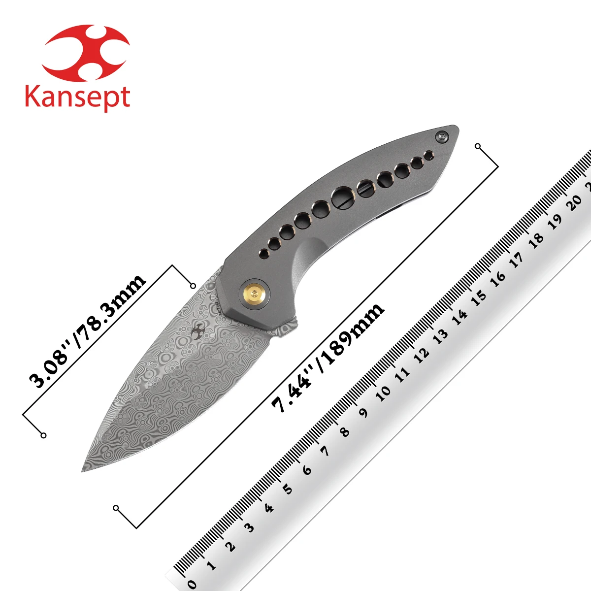 Kansept Knives ODD 21 K1077A2 3 08 дюйма дамасский + серый анодированный титан с бронзовыми