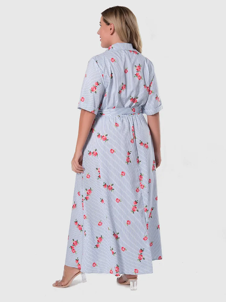 

Plus Size 2022 Summer Elegant Stripe Shirt Dress Women Button Half Sleeve Tunic Midi Dress Ladies Office V Neck Party Dresses