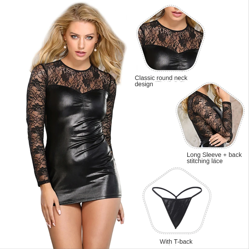 Comeonlover Sexy Leather Playsuit Erotic Lingerie Women Hollow Out Lace Transparent Sexy Underwear Exotic Costumes Porn Clubwear