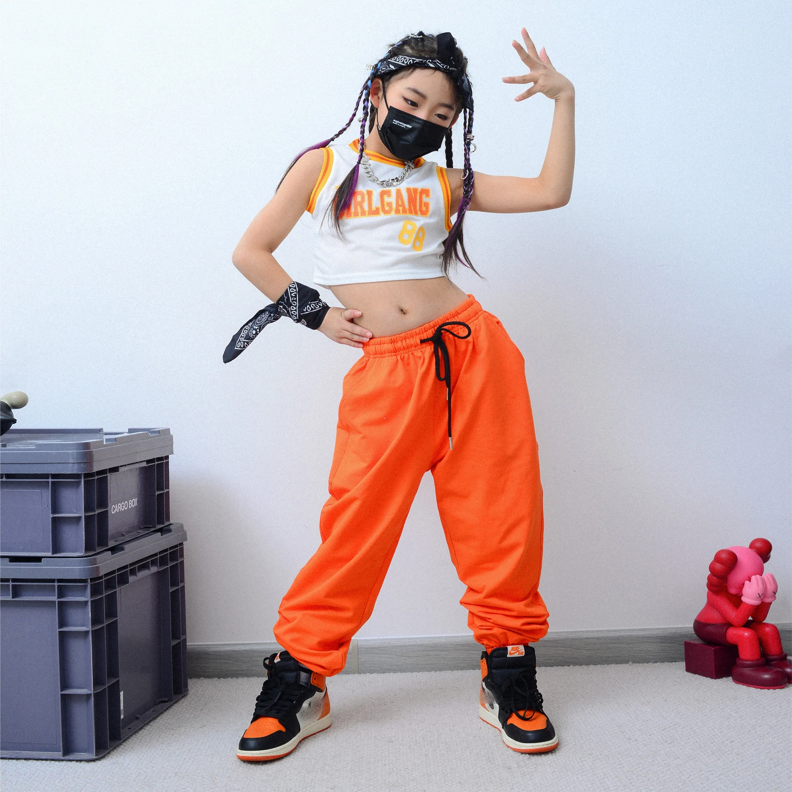 

Girls Jazz Dance Show Navel Vest Orange Pants Children'S Hip-Hop Costume Suits Catwalk Show Performance Rave Clothes DQS9108