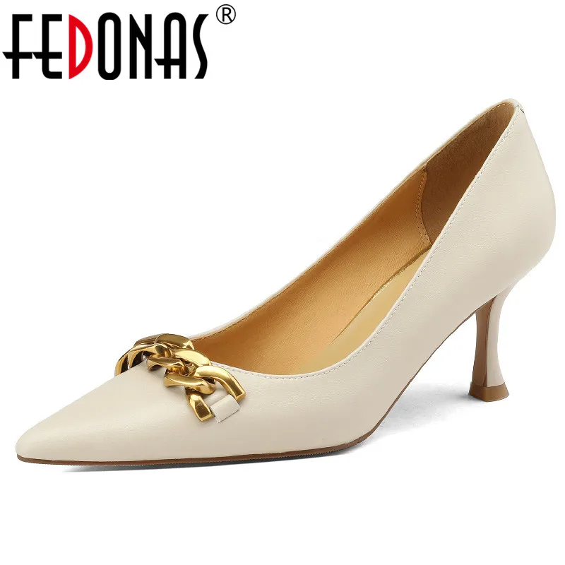FEDONAS Spring Summer Elegant Women Pumps Party Prom Wedding Thin Heels Pointed Toe Genuine Leather Fashion Chain Shoes Woman