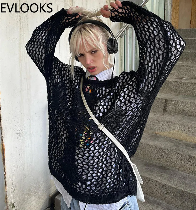

EVLOOKS Y2K Harajuku Hollow Out Knit Pullovers Crewneck Vintage Fairycore Grunge Top Fashion Loose Retro Smock Sweater Shirts