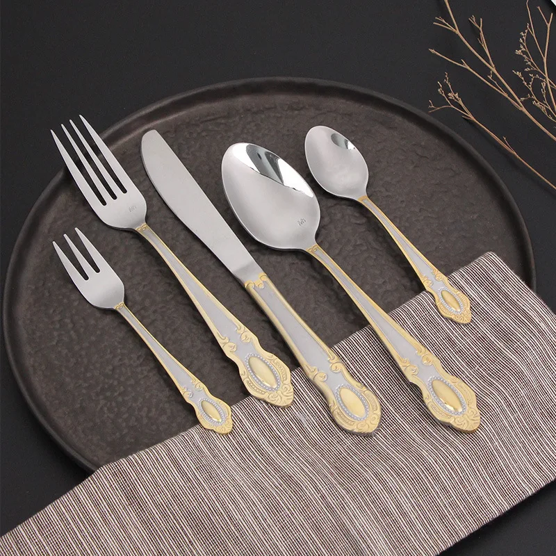 

16/20pcs Dinnerware Set Stainless Steel Western Royal Cutlery Silverware Spoon Tea Forks Knives Embossed Handle Dinner Tableware