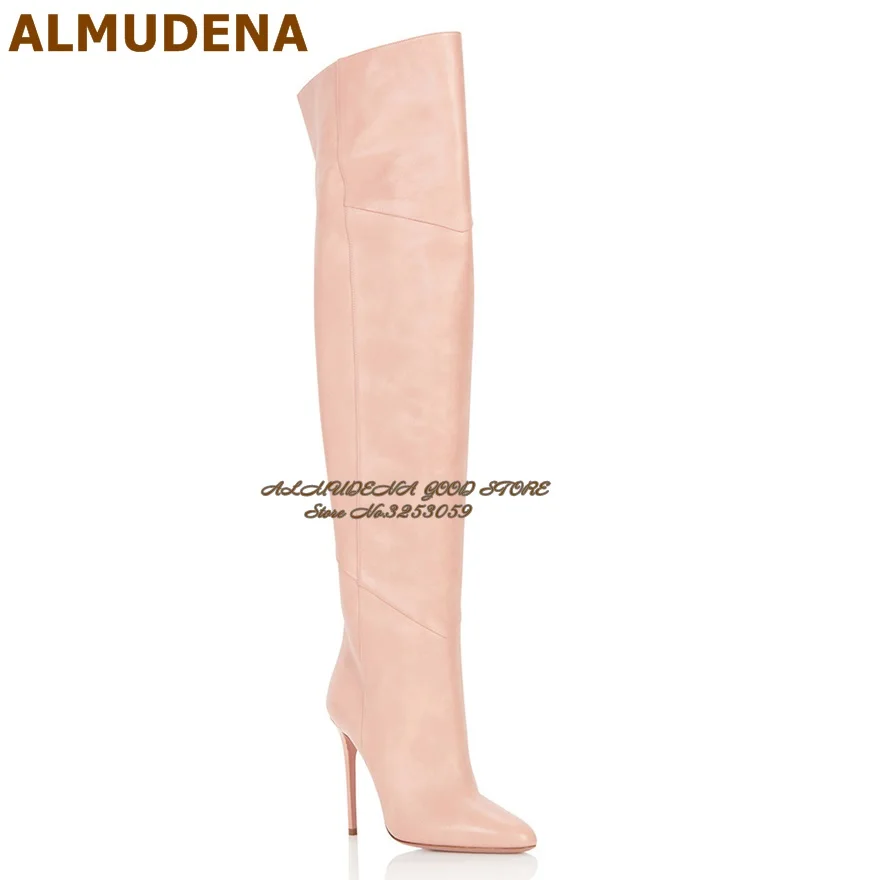 ALMUDENA Светло-розовые матовые кожаные сапоги выше колена. Сапоги до бедра с шитьем