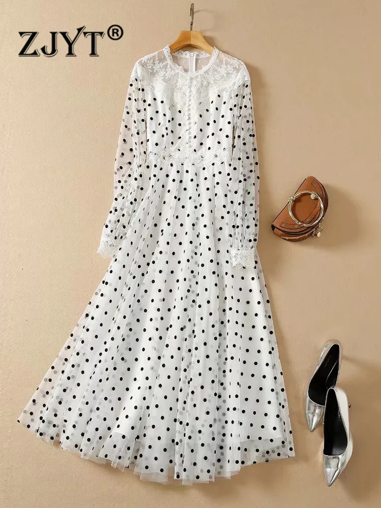 

ZJYT платье-макси в горошек с длинным рукавом женское летнее 2022 элегантное белое вечернее платье с вышивкой из газовой Ткани в стиле пэчворк д...