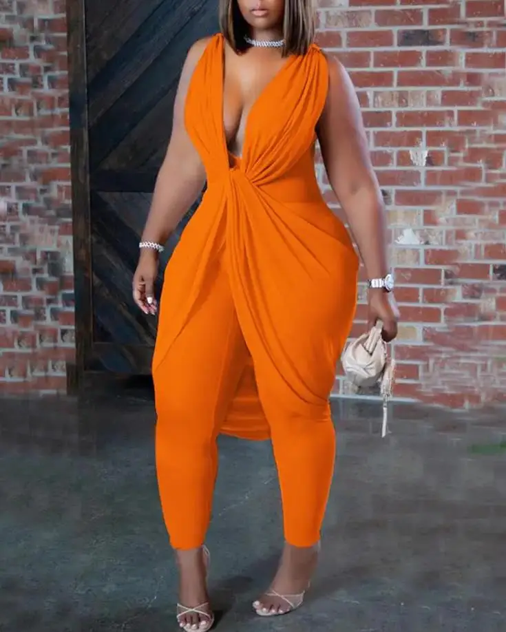 

Women Elegant Long Jumpsuits Plunging Neck Twist Draped Sleeveless Jumpsuit Sexy V-Neck Skinny Pants Bodysuit Streetwear