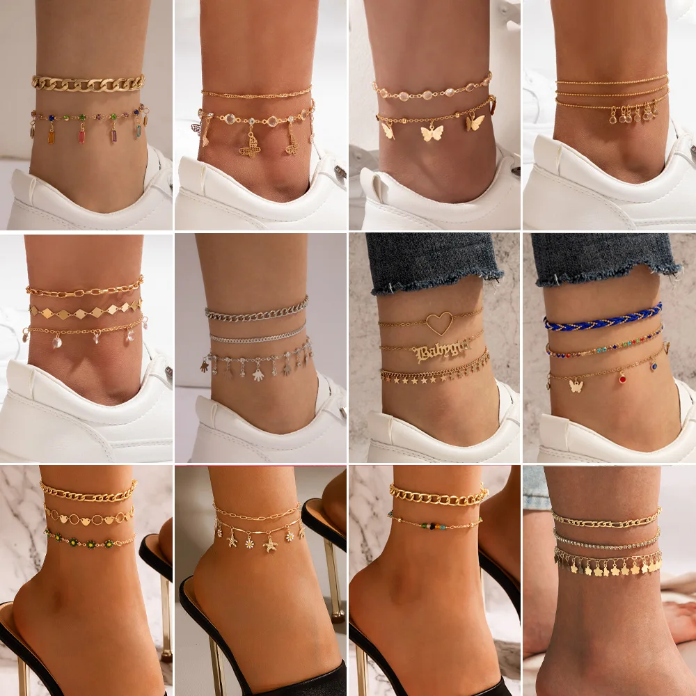 

New 2022 Summer Beach Bohemian Alloy Double Anklet Color Diamond Fringed Anklet