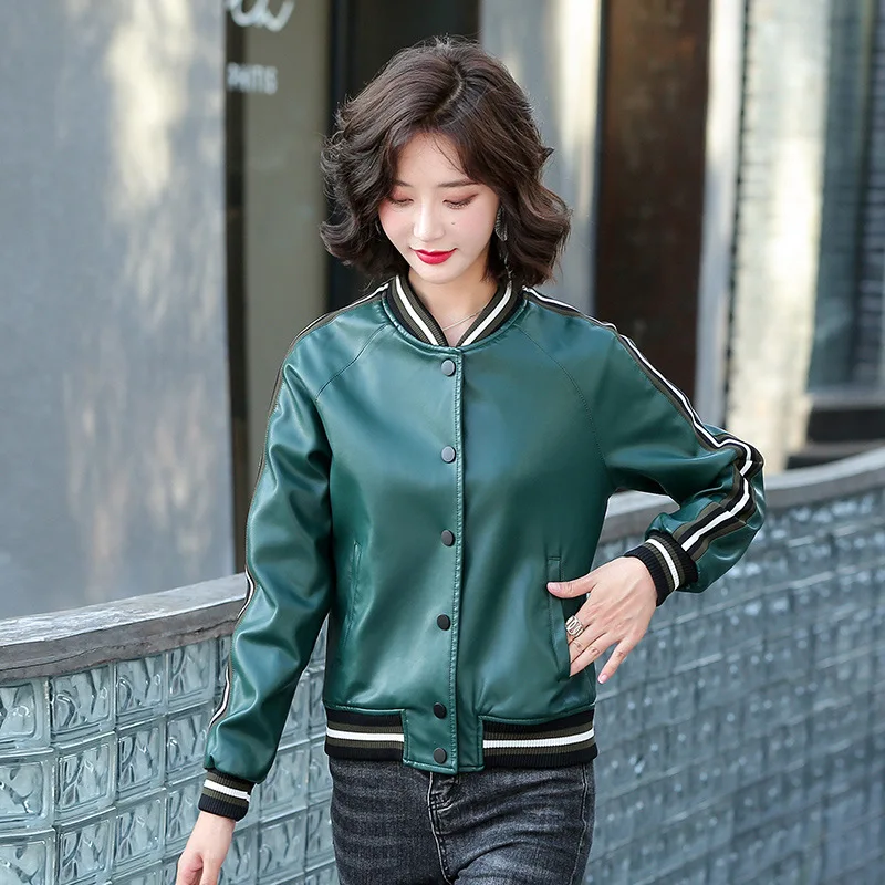 

Korean Spring Genuine Leather Aviator Jacket Women Real Leather Baseball Jacket Bomb O-Neck Natural Sheepskin Coat New Outerwear