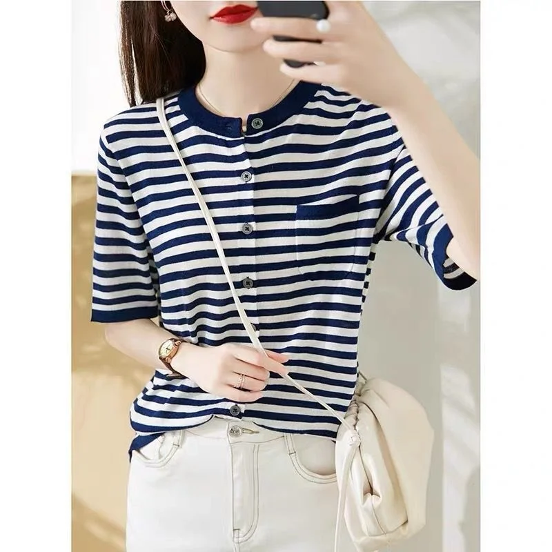 

Summer Striped Cotton Knit Short-sleeved Cardigan T-shirt Women Thin Vest Cotton Linen Half-sleeve Shirt Loose Female Jacket Top