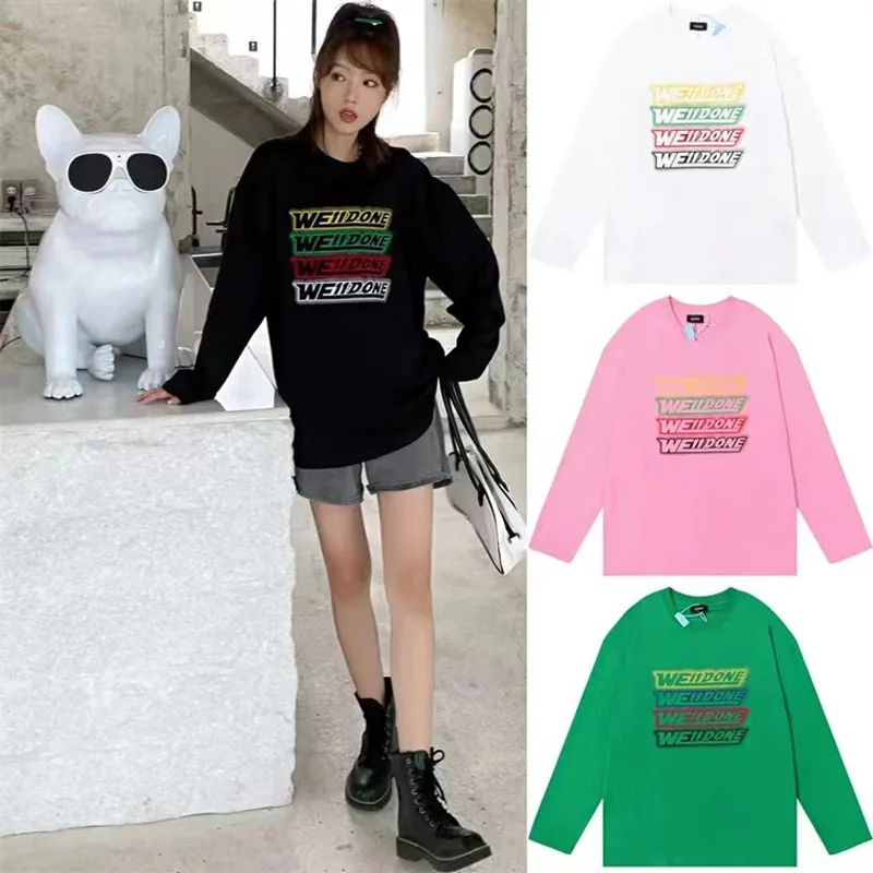 

2022 New WE11DONE Casual Long Sleeve Color Letters Barrage Men Women Welldone Cotton T Shirt Black White Green Pink