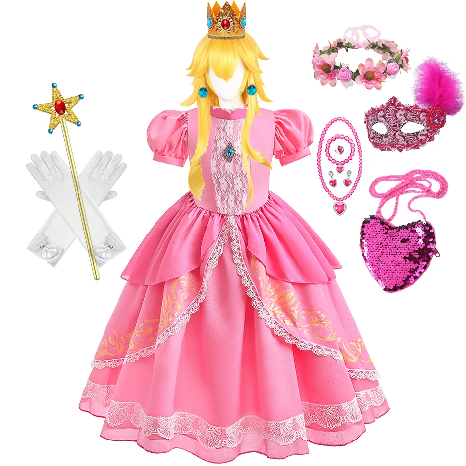 

Peach Princess Dress Girl Cartoon Game Role Playing Costume Children Lace Print Outfits 2023 New Halloween Cosplay Clothes