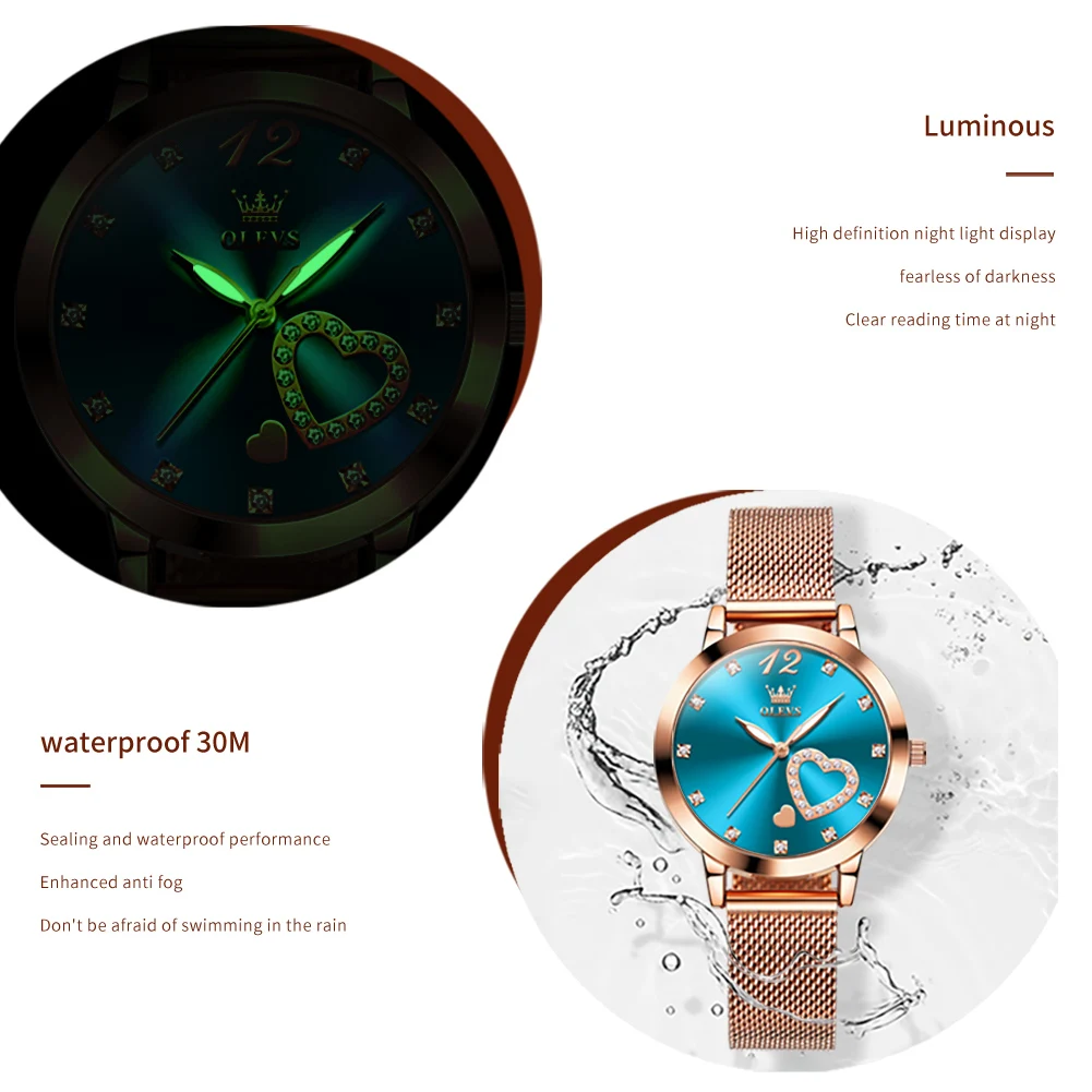 OLEVS Women's Watches Top Brand Original Quartz Wristwatch Fashion Trend Love Diamond Dial Waterproof Luminous Watch for Girl