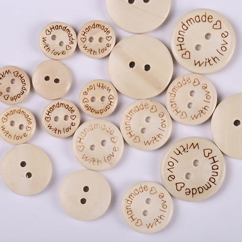 

100pcs Natural Wood Round Laser Handmade With Love Buttons 2 Holes Sewing DIY Crafts Embellishments For Scrapbooking Cardmaking
