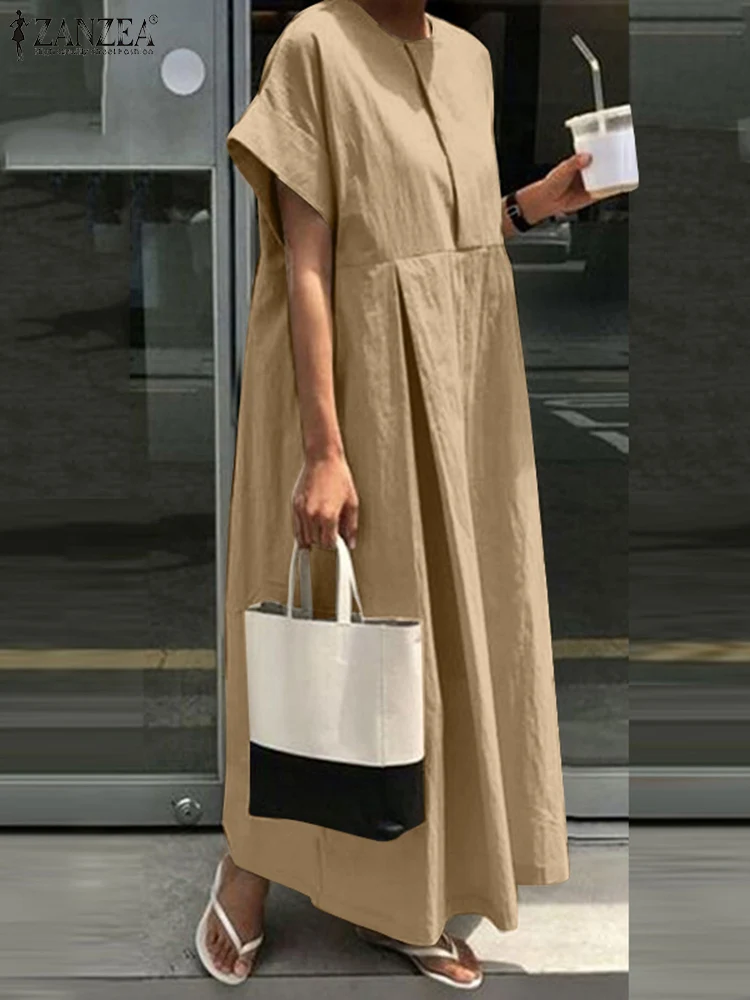 

2022 ZANZEA Kaftan Women Summer Sundress Solid Dress Short Sleeve Maxi Vestidos Female Casual V Neck Robe Femme Oversized