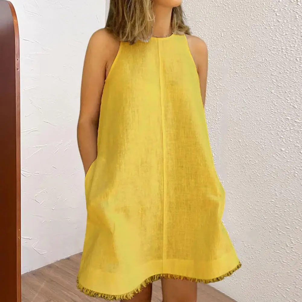 

2023 Vintage Summer White Dress Women Cotton Linen Dresses Leisure O Neck Sleeveless Loose Tank Mini Dress Vestidos