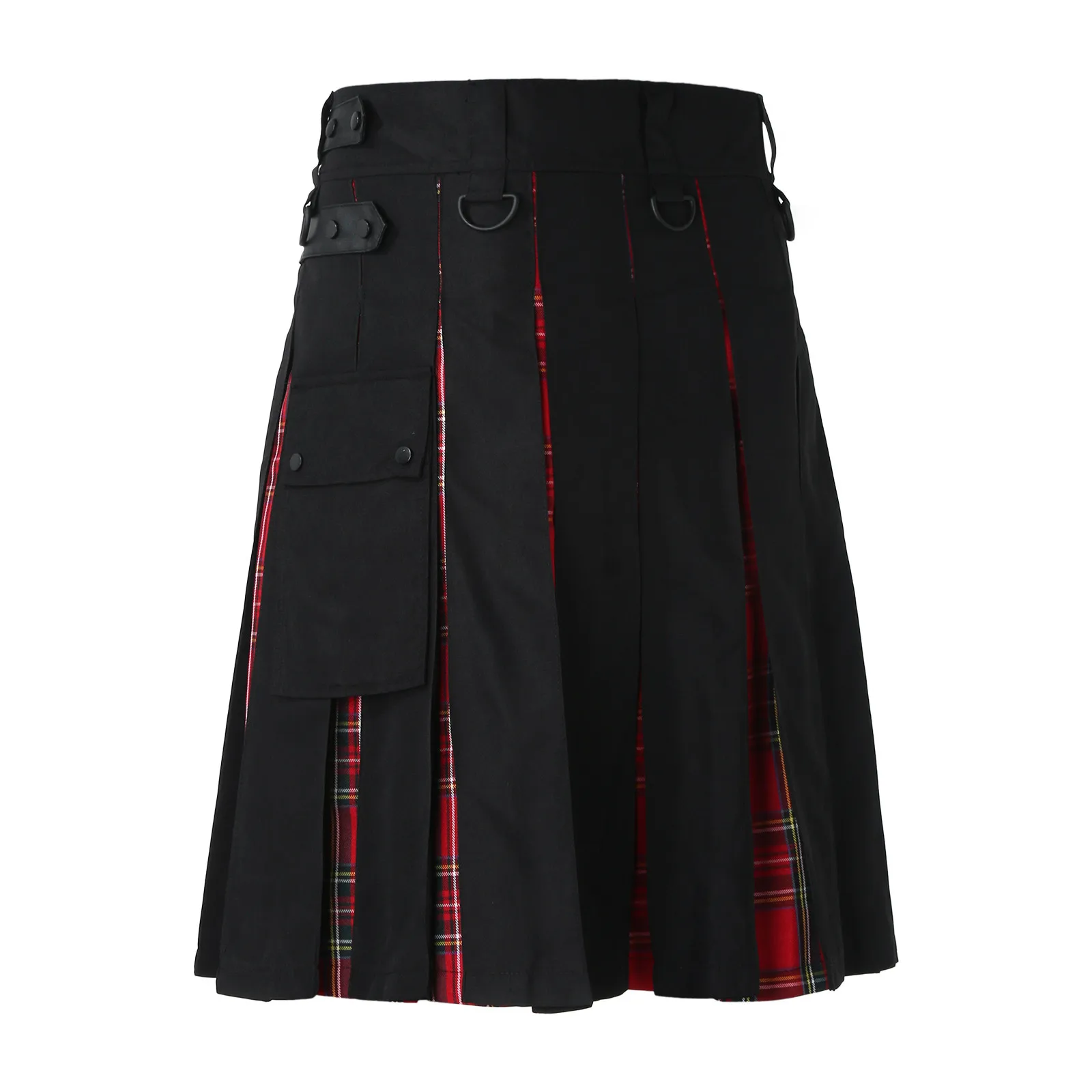 Kilts-Men's Plus Size Scottish Hybrid Black Cotton & Tartan Utility Kilts with Leather Straps Kilts for Men