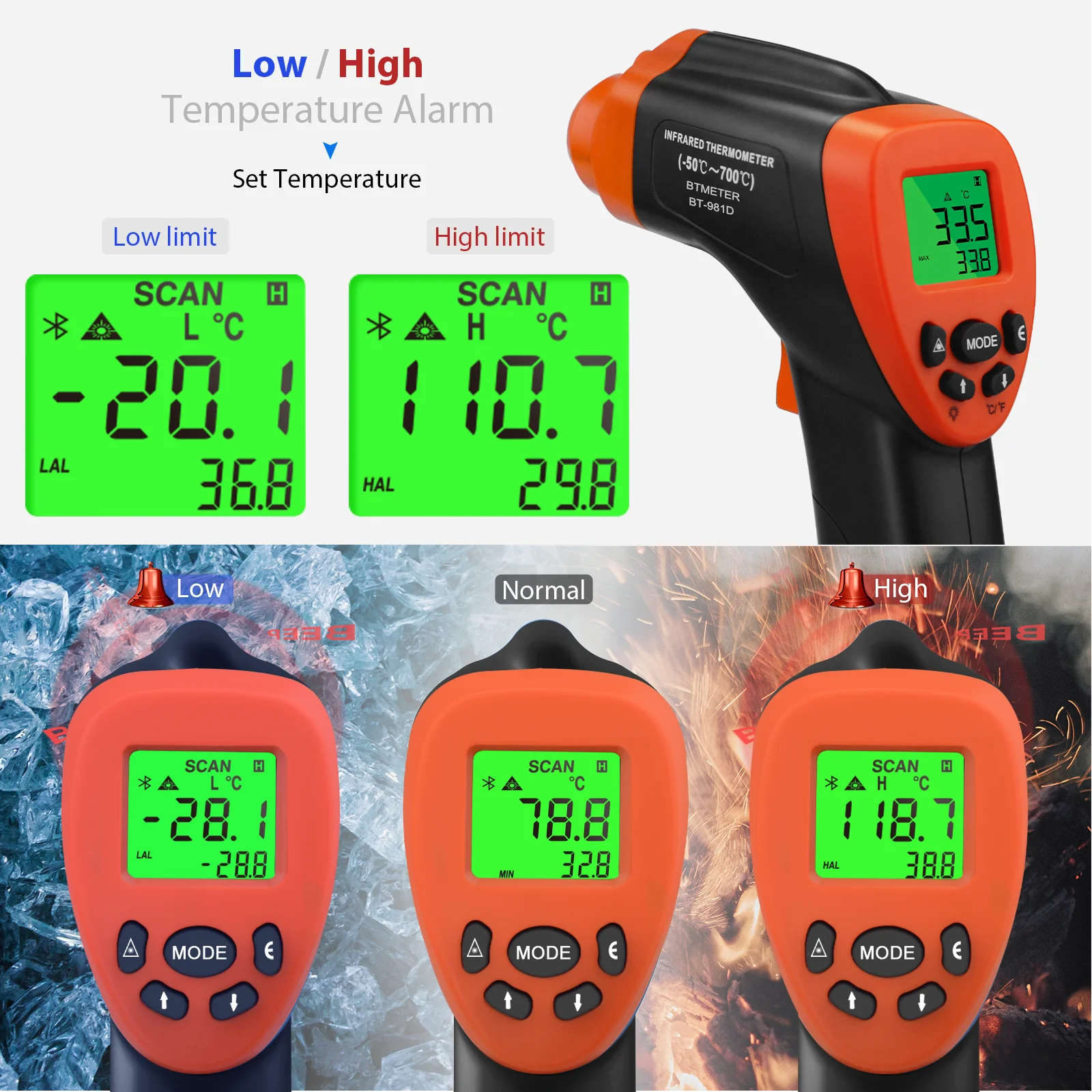 Фото BTMETER BT-981D Инфракрасный пистолет для измерения температуры, -50 ℃   До 550° ℃   Диапазон, быстрая реакция 500 мс, соотношение расстояния 12:1, для промышленного применения №4