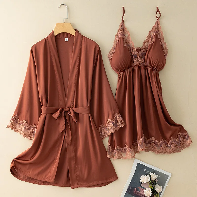 

2PCS Women Kimono Robe Gown Sets Sexy Lace V-Neck Nightgown Bathrobe Bride Wedding Lingerie Sleepshirts Summer Home Clothing