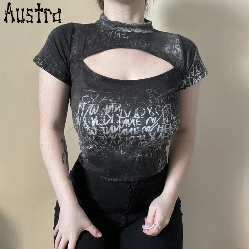 Austra Y2K Black Gothic Streetwear Print Women T-shirts Sexy Hollow Punk Harajuku Hip Hop Bodycon Crop Tops Long Sleeve Clothes