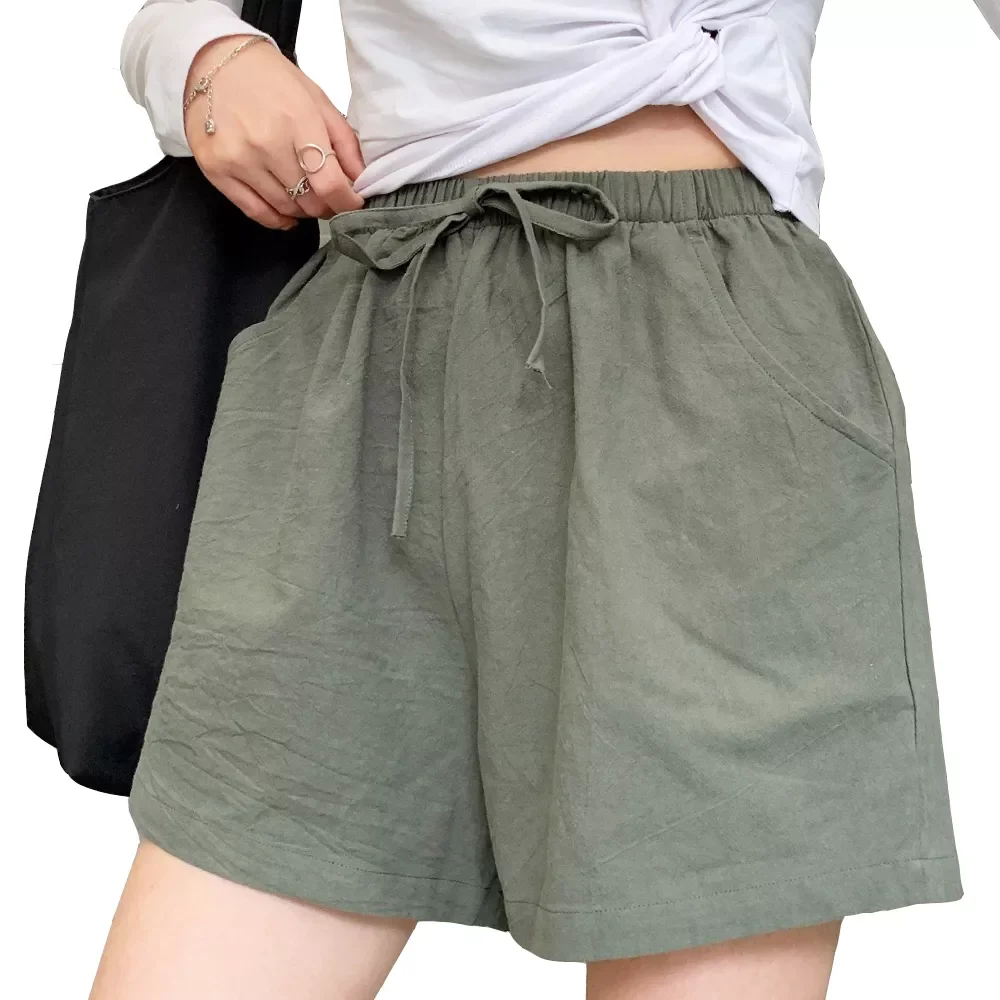 

Summer Elegant High Waist Flax Shorts Women Casual Solid Wide Leg Loose Cotton Short Pants Bottom Pant Pocket Black Trouser