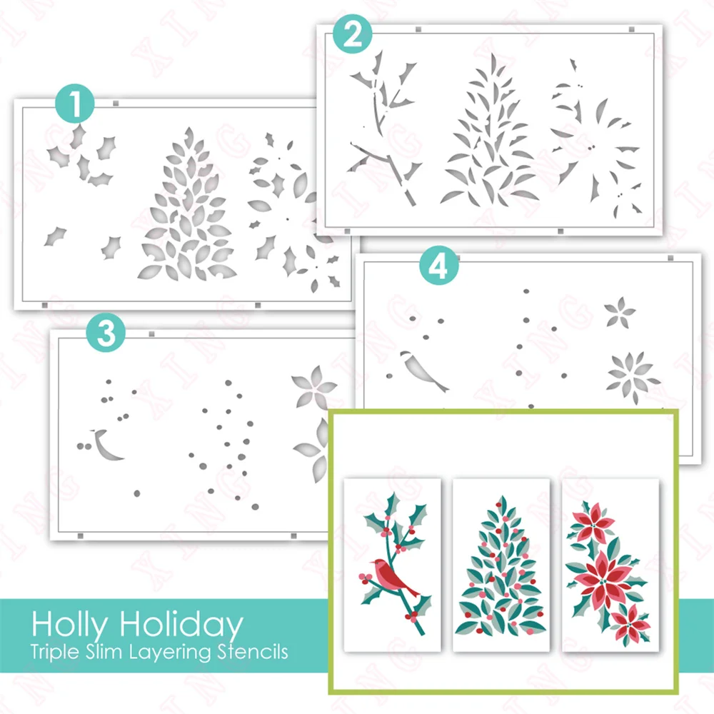 

New Arrival Diy stencils Embossing Craft Mold Scrapbook Album Deco Cut Die Triple Slim Layering Stencil - Holly Holiday Template